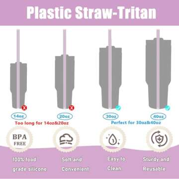 Replacement Straw Compatible with Stanley 30 40 oz Cup Tumbler, 6 Pack Reusable Plastic Straws for Stanley Cup Accessories Include Cleaning Brush, Purple