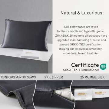 ZIMASILK 25 Momme 100% Pure Mulberry Silk Pillowcase for Hair and Skin Heath, Best Gift Choice, Highest Grade 6A Silk, 900 Thread Count, 1Pc (Standard 20''x26'', Space Grey)