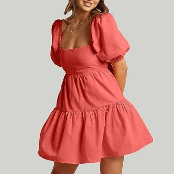 OWNGIGI Women's Summer Dress Square Neck Puffy Short Sleeve Loose Tie Back Casual A-Line Mini Dresses Red