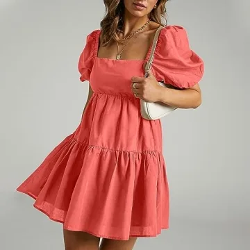 OWNGIGI Women's Summer Dress Square Neck Puffy Short Sleeve Loose Tie Back Casual A-Line Mini Dresses Red