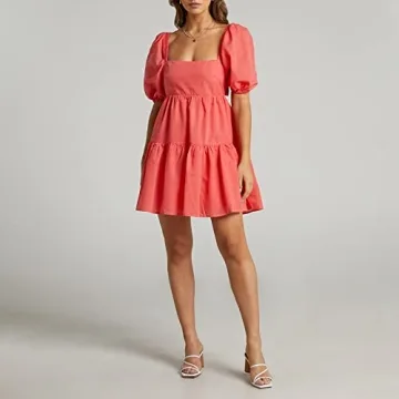 OWNGIGI Women's Summer Dress Square Neck Puffy Short Sleeve Loose Tie Back Casual A-Line Mini Dresses Red