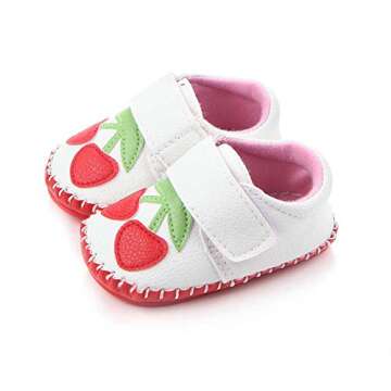 Lidiano Baby Non Slip Rubber Sole Cartoon First Walking Slippers Crib Shoes Newborn Infant Toddler Training Shoes (6-12 Months Infant, White Cherry)