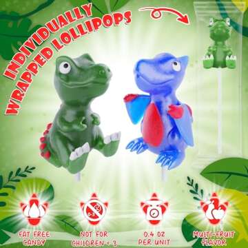 Dinosaur Lollipops 12pk- Dinosaur Candy For Dinosaur Party Favors - Dinosaur Suckers & Dino Candy - Dinosaur Shaped Candy For Dino Party Favors - Dinosaur Birthday Decorations - Dinosaur Snacks