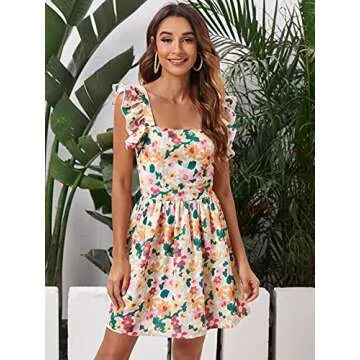 Romwe Women's Floral Tie Back Ruffle Strap Dress