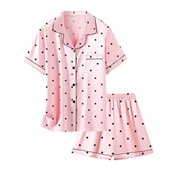 Kids Pajamas Girls, 2 Pcs Sleepwear Short Sleeve Stain Summer Pajama Set Silk Pjs for Teen Girls, Pi...