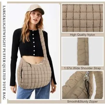 Quilted Puffer Tote Bag for Women,Large Puffy Crossbody Shoulder Bag Lightweight Nylon Hobo Bag with Zipper,Purse Puffy Quilted Carryall Bag Soft Oversized Padding Handbag for Daily Travel(Khaki)