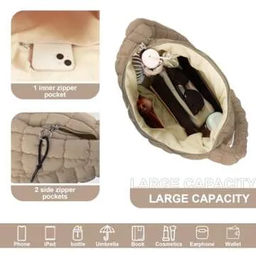 Quilted Puffer Tote Bag for Women,Large Puffy Crossbody Shoulder Bag Lightweight Nylon Hobo Bag with Zipper,Purse Puffy Quilted Carryall Bag Soft Oversized Padding Handbag for Daily Travel(Khaki)