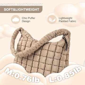 Quilted Puffer Tote Bag for Women,Large Puffy Crossbody Shoulder Bag Lightweight Nylon Hobo Bag with Zipper,Purse Puffy Quilted Carryall Bag Soft Oversized Padding Handbag for Daily Travel(Khaki)