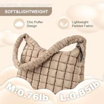 Quilted Puffer Tote Bag for Women,Large Puffy Crossbody Shoulder Bag Lightweight Nylon Hobo Bag with Zipper,Purse Puffy Quilted Carryall Bag Soft Oversized Padding Handbag for Daily Travel(Khaki)
