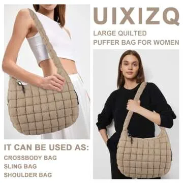 Quilted Puffer Tote Bag for Women,Large Puffy Crossbody Shoulder Bag Lightweight Nylon Hobo Bag with Zipper,Purse Puffy Quilted Carryall Bag Soft Oversized Padding Handbag for Daily Travel(Khaki)