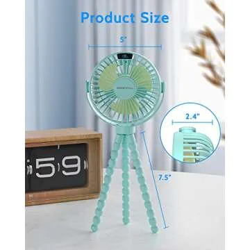 SWEETFULL Portable Stroller Fan, with Display 4000mAh Battery Powered Mini Clip On Fan, 4-Speed Rechargeable Small Personal Fan Handheld Desk Cooling Fan for Baby Car Seat Crib Travel Cyan