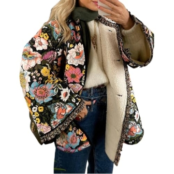 Akivide Women Winter Boho Floral Print Sherpa Fleece Lined Jacket Vintage Quilted Faux Fur Wrap Long...