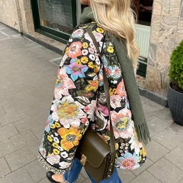 Akivide Women Winter Boho Floral Print Sherpa Fleece Lined Jacket Vintage Quilted Faux Fur Wrap Long Sleeve Coat Plus Size
