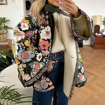Akivide Women Winter Boho Floral Print Sherpa Fleece Lined Jacket Vintage Quilted Faux Fur Wrap Long Sleeve Coat Plus Size