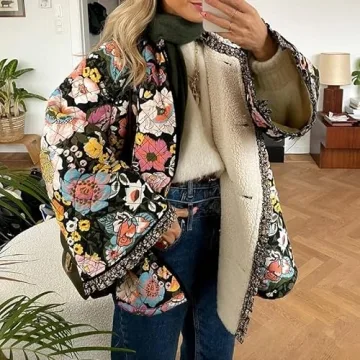 Akivide Women Winter Boho Floral Print Sherpa Fleece Lined Jacket Vintage Quilted Faux Fur Wrap Long Sleeve Coat Plus Size
