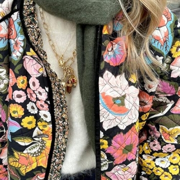 Akivide Women Winter Boho Floral Print Sherpa Fleece Lined Jacket Vintage Quilted Faux Fur Wrap Long Sleeve Coat Plus Size