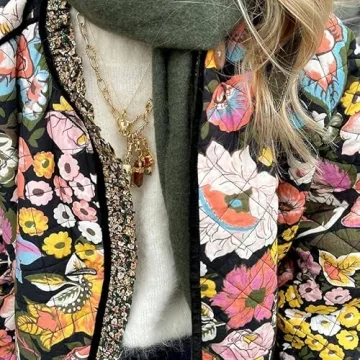 Akivide Women Winter Boho Floral Print Sherpa Fleece Lined Jacket Vintage Quilted Faux Fur Wrap Long Sleeve Coat Plus Size