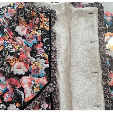 Akivide Women Winter Boho Floral Print Sherpa Fleece Lined Jacket Vintage Quilted Faux Fur Wrap Long Sleeve Coat Plus Size