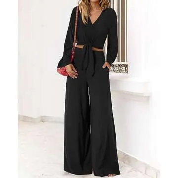 PRETTYGARDEN Women's 2 Piece Outfits 2025 Spring Casual V Neck Long Sleeve Strappy Crop Top Wide Leg Palazzo Pant Sets(Solid Black,Medium)