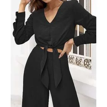 PRETTYGARDEN Women's 2 Piece Outfits 2025 Spring Casual V Neck Long Sleeve Strappy Crop Top Wide Leg Palazzo Pant Sets(Solid Black,Medium)