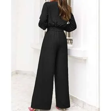 PRETTYGARDEN Women's 2 Piece Outfits 2025 Spring Casual V Neck Long Sleeve Strappy Crop Top Wide Leg Palazzo Pant Sets(Solid Black,Medium)