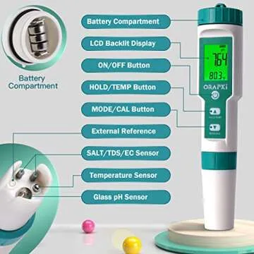 ORAPXI Pool Salt Tester - 5-in-1 pH and Salinity Meter for Saltwater Pools
