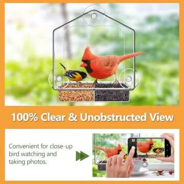 LUJII All One Piece Window Bird Feeder with Strongest Suction Cups, All One Piece No Glue, Lift-Out Tray with Drainage Holes, Large Enough for Larger Birds Like Cardinal or Mocking Birds, Clear