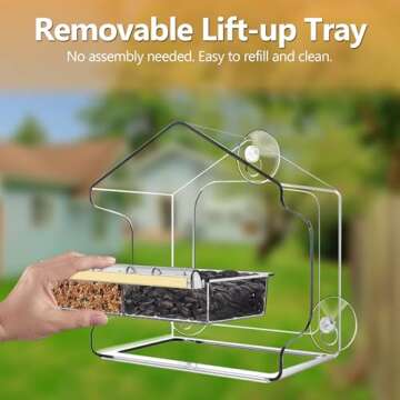 LUJII All One Piece Window Bird Feeder with Strongest Suction Cups, All One Piece No Glue, Lift-Out Tray with Drainage Holes, Large Enough for Larger Birds Like Cardinal or Mocking Birds, Clear
