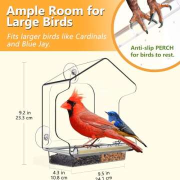 LUJII All One Piece Window Bird Feeder with Strongest Suction Cups, All One Piece No Glue, Lift-Out Tray with Drainage Holes, Large Enough for Larger Birds Like Cardinal or Mocking Birds, Clear