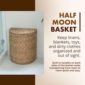 KOUBOO Seagrass Half Moon Basket, Handwoven Laundry Hamper Basket with Lid, Handles, & Removable Lin...