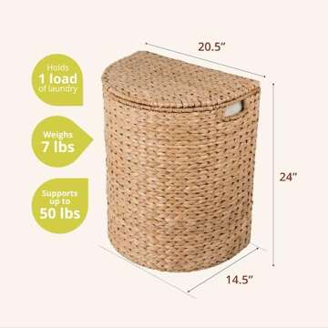 KOUBOO Seagrass Half Moon Basket, Handwoven Laundry Hamper Basket with Lid, Handles, & Removable Liner, Home Decor and Organization, Natural