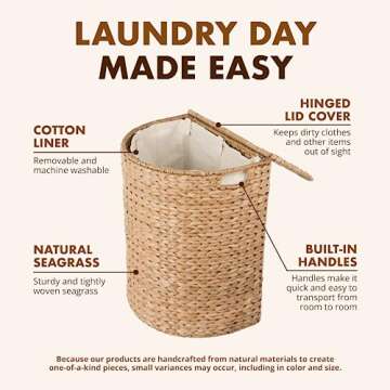 KOUBOO Seagrass Half Moon Basket, Handwoven Laundry Hamper Basket with Lid, Handles, & Removable Liner, Home Decor and Organization, Natural