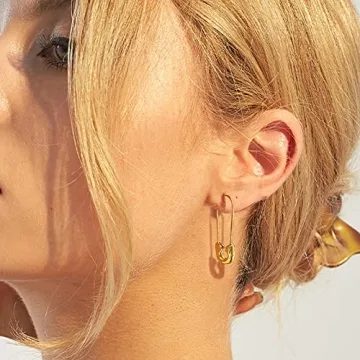 Safety Pin Earrings for Women - 14K Gold Paperclip Earrings Minimalist Dangle Hoop Earrings Paper Clip Earrings Daily Jewelry