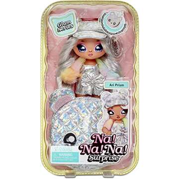Na Na Na Surprise Glam Series Ari Prism Fashion Doll & Metallic Teddy Bear Purse, Cute Hat, Prismatic Silver Dress Outfit & Accessories, 2-in-1 Gift for Kids, Toy for Girls & Boys Ages 5 6 7 8+ Years