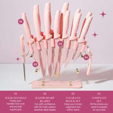Paris Hilton Knife Block Set with Fan Style Clear Acrylic Knife Block, Premium Stainless Steel Blades with Nonstick Coating, Comfort Grip Handles, 16-Piece Set, Pink and Gold