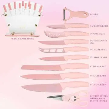 Paris Hilton Knife Block Set with Fan Style Clear Acrylic Knife Block, Premium Stainless Steel Blades with Nonstick Coating, Comfort Grip Handles, 16-Piece Set, Pink and Gold
