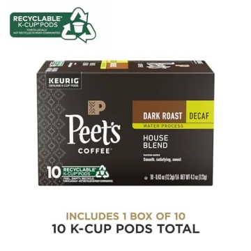 Peet's Coffee, Dark Roast Decaf Keurig K-Cup Pods - Decaf House Blend 10 Count (1 Box of 10 Pods)
