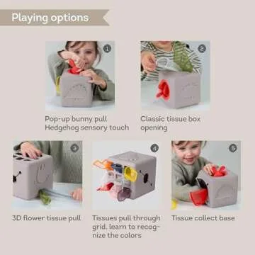 Taf Toys Baby Tissue Box Montessori Toys for Babies - Sensory & Motor Skills Development Silicone Toy with 10 Fabric Tissues, Pop-Up Bunny, Toys for 1 Year Old Boy Girl Preschool Toy