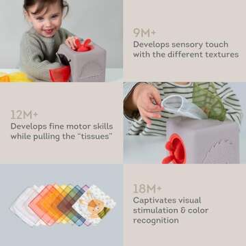 Taf Toys Baby Tissue Box Montessori Toys for Babies - Sensory & Motor Skills Development Silicone Toy with 10 Fabric Tissues, Pop-Up Bunny, Toys for 1 Year Old Boy Girl Preschool Toy