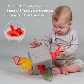 Taf Toys Baby Tissue Box Montessori Toys for Babies - Sensory & Motor Skills Development Silicone Toy with 10 Fabric Tissues, Pop-Up Bunny, Toys for 1 Year Old Boy Girl Preschool Toy