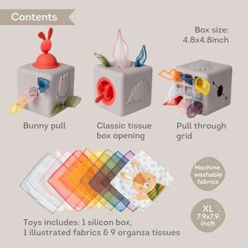 Taf Toys Baby Tissue Box Montessori Toys for Babies - Sensory & Motor Skills Development Silicone Toy with 10 Fabric Tissues, Pop-Up Bunny, Toys for 1 Year Old Boy Girl Preschool Toy
