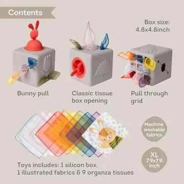 Taf Toys Baby Tissue Box Montessori Toys for Babies - Sensory & Motor Skills Development Silicone Toy with 10 Fabric Tissues, Pop-Up Bunny, Toys for 1 Year Old Boy Girl Preschool Toy