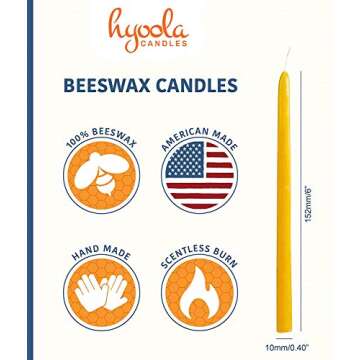 Hyoola Thin Beeswax Taper Candles - 25 Pack - Handmade, All Natural, 100% Pure Scented Bee Wax Candle - Tall, Decorative, Golden Yellow - 6” Tall - Handmade in The USA