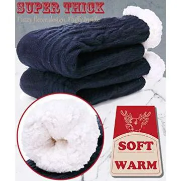 EBMORE Mens Slipper Fuzzy Socks - Thick Warm Non-Slip Winter Cozy Cabin (Dark Blue)