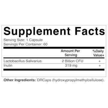 Vitamatic Lactobacillus Salivarius 2 Billion per DR Capsule - 60 Count - Digestive Support - Made with Prebiotic Inulin Fiber (1 Bottle)