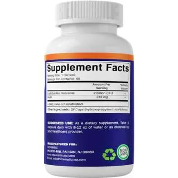 Vitamatic Lactobacillus Salivarius 2 Billion per DR Capsule - 60 Count - Digestive Support - Made with Prebiotic Inulin Fiber (1 Bottle)