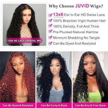 Juvid 13X6 Curly Lace Front Wigs Human Hair 13x6 HD Lace Jerry Curly Frontal Wig for Women 180% Density Glueless Kinky Curly Wigs Pre Plucked Wet and Wavy Deep Wave Wig Natural Black 24 inch