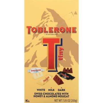 Toblerone Tiny Swiss Chocolates with Honey & Almond Nougat Variety Pack, White Chocolate, Milk Chocolate and Dark Chocolate, Valentines Day Chocolate Candy, 7.05 oz