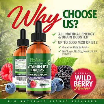 Bio Naturals Vitamin B12 Liquid Drops for Adults & Kids - 100% Natural Sublingual Methylcobalamin - ...