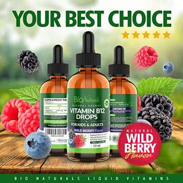 Bio Naturals Vitamin B12 Liquid Drops for Adults & Kids - 100% Natural Sublingual Methylcobalamin - Highest Absorption - Energy & Brain Booster Helps with Fatigue & Weakness - Wild Berry - 2 fl oz